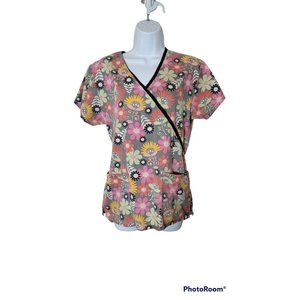 Absolute  Women's Scrub Top Grey with Colorful Floral Pattern Size XS